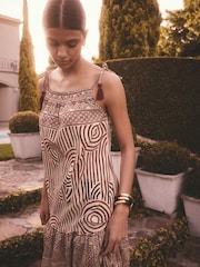 Rust Brown Geometric Print Strappy Drop Waist Tiered Maxi Dress - Image 1 of 5