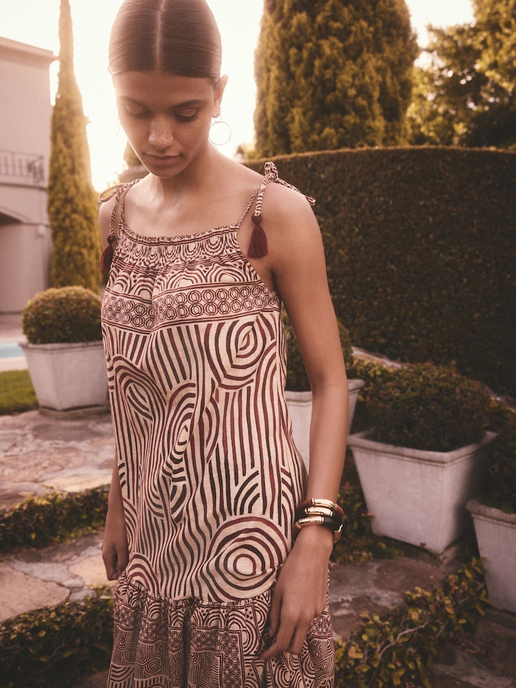Rust Brown Geometric Print Strappy Drop Waist Tiered Maxi Dress - Image 1 of 5