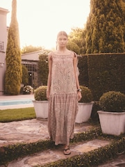 Rust Brown Geometric Print Strappy Drop Waist Tiered Maxi Dress - Image 2 of 5