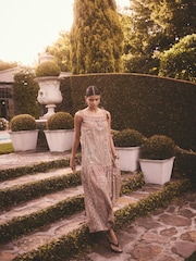 Rust Brown Geometric Print Strappy Drop Waist Tiered Maxi Dress - Image 4 of 5