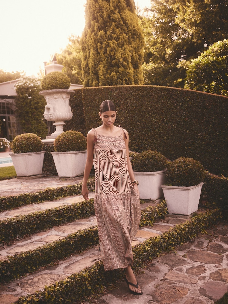 Rust Brown Geometric Print Strappy Drop Waist Tiered Maxi Dress - Image 4 of 5