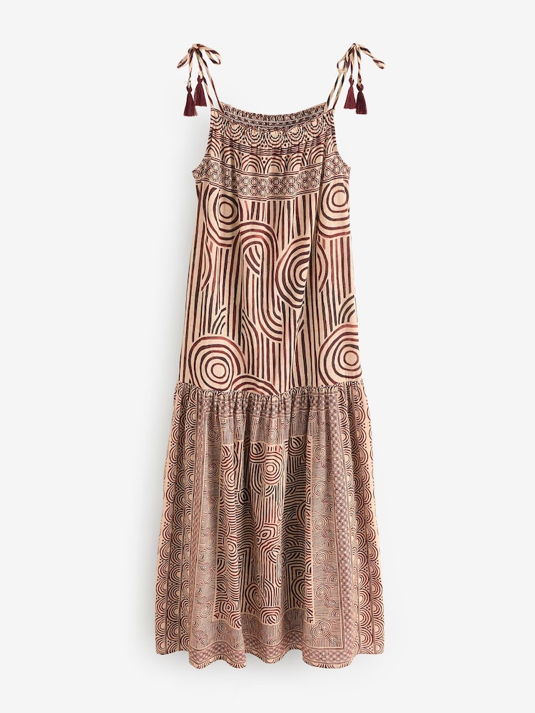 Rust Brown Geometric Print Strappy Drop Waist Tiered Maxi Dress - Image 8 of 8