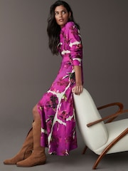 Pink Floral Long Sleeves Midi Shirt Dress - Image 2 of 7