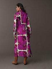 Pink Floral Long Sleeves Midi Shirt Dress - Image 3 of 7