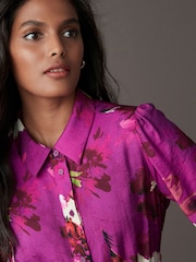 Pink Floral Long Sleeves Midi Shirt Dress - Image 4 of 7