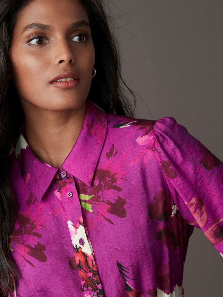 Pink Floral Long Sleeves Midi Shirt Dress - Image 4 of 7