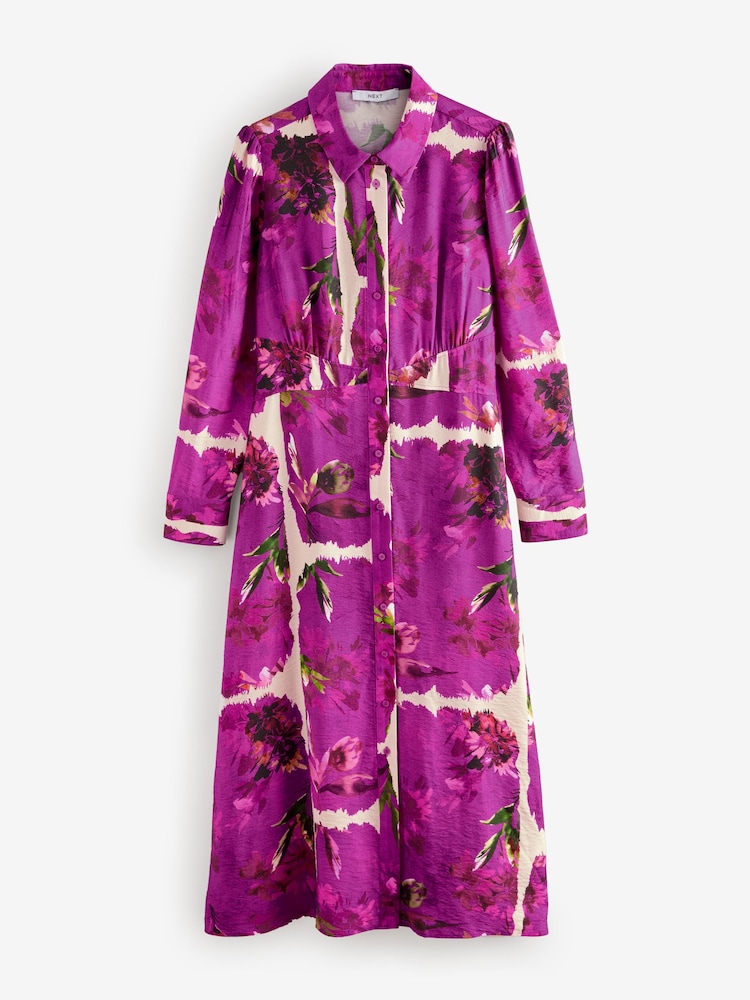 Pink Floral Long Sleeves Midi Shirt Dress - Image 5 of 7