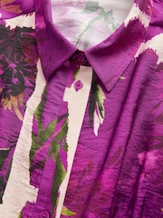 Pink Floral Long Sleeves Midi Shirt Dress - Image 6 of 7