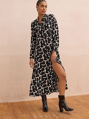 Black/White Geo Print Long Sleeves Midi Shirt Dress - Image 2 of 8