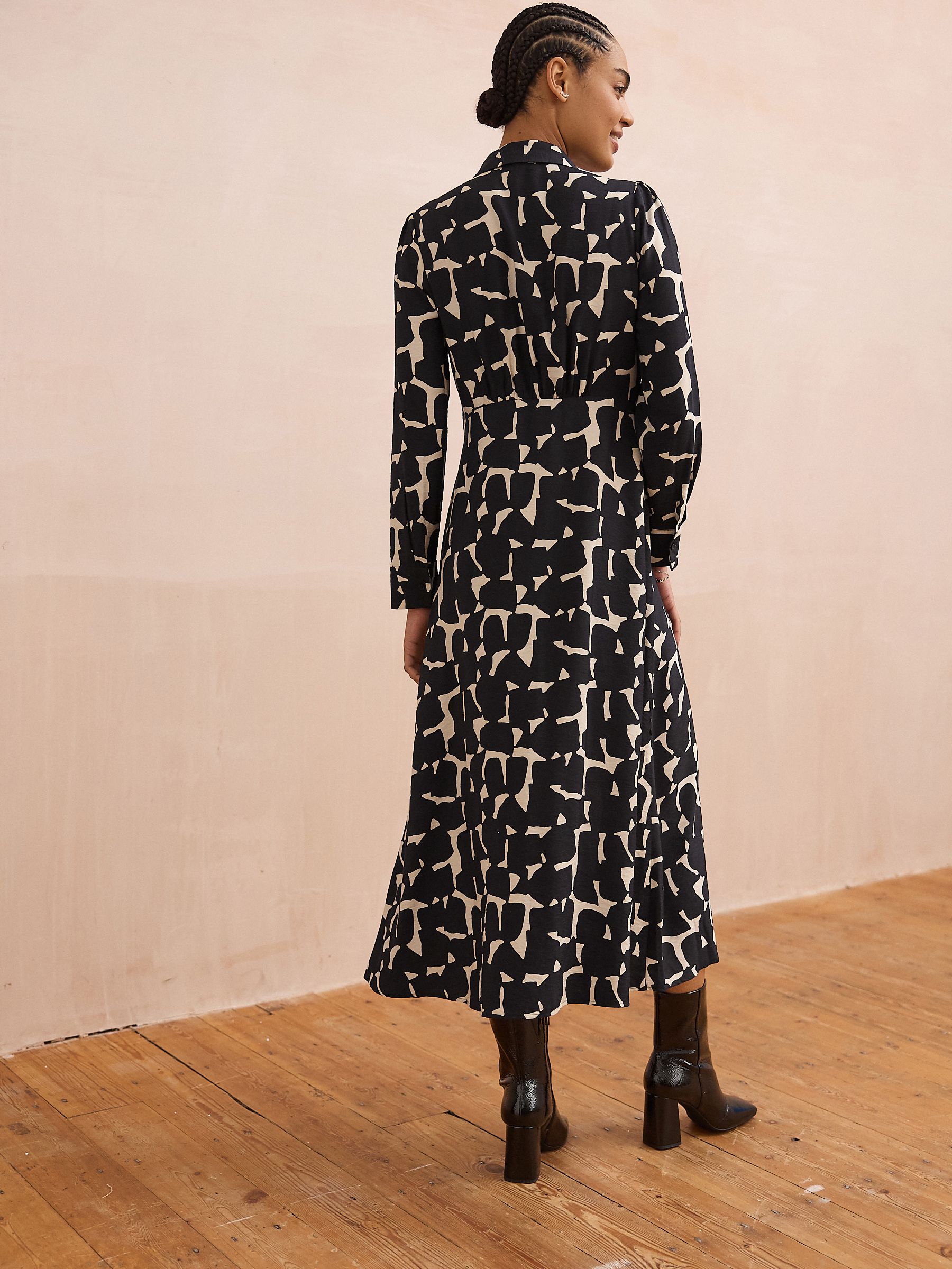 Buy Black/White Geo Print Long Sleeves Midi Shirt Dress from