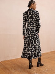 Black/White Geo Print Long Sleeves Midi Shirt Dress - Image 4 of 8