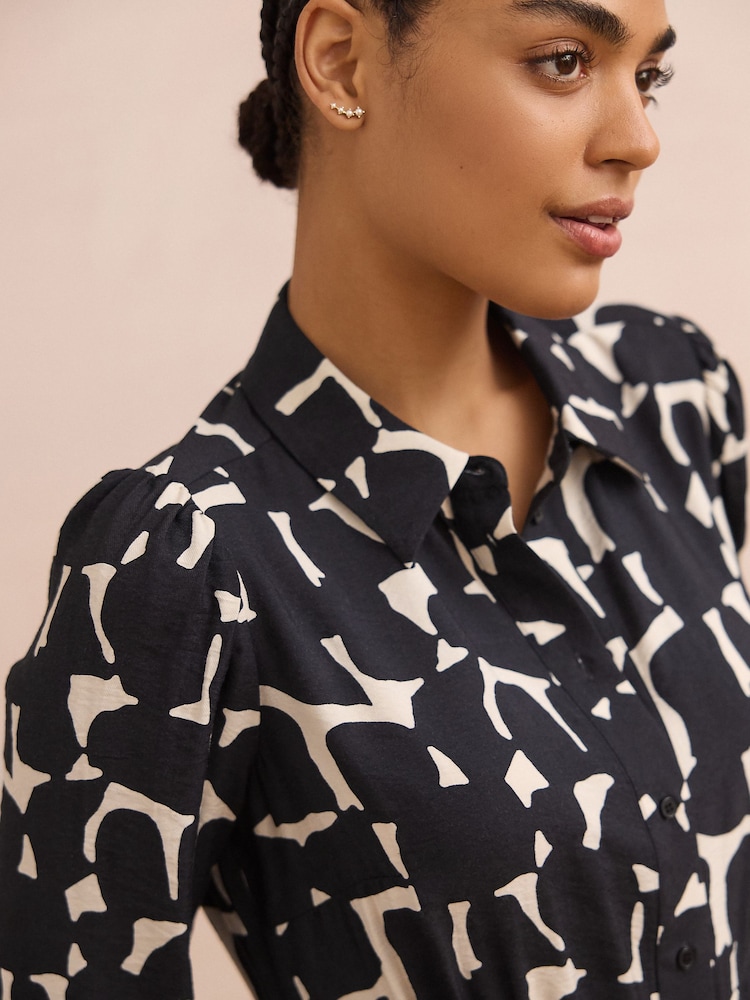 Black/White Geo Print Long Sleeves Midi Shirt Dress - Image 5 of 8