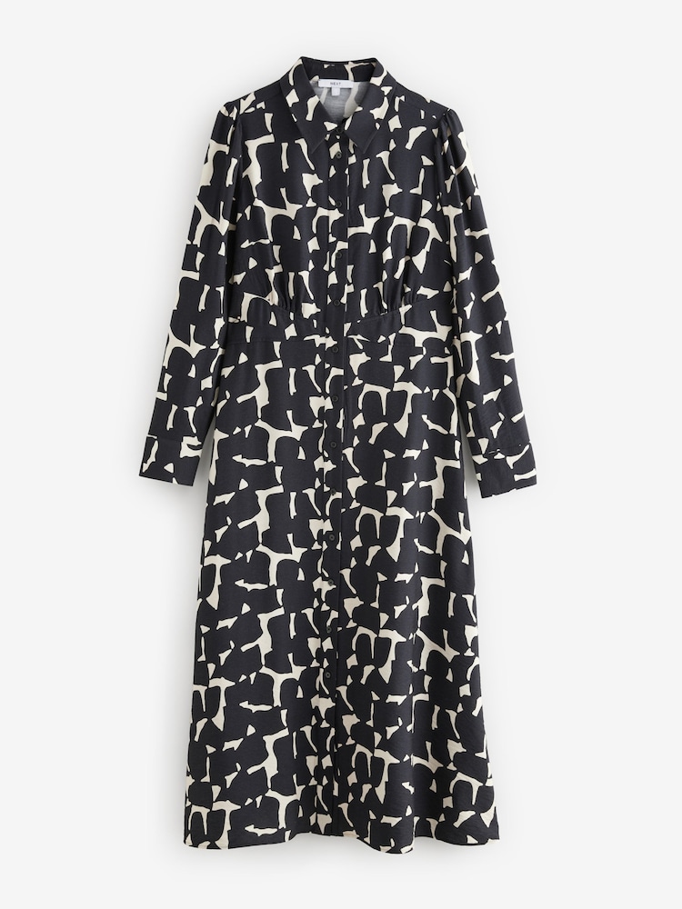 Black/White Geo Print Long Sleeves Midi Shirt Dress - Image 6 of 8