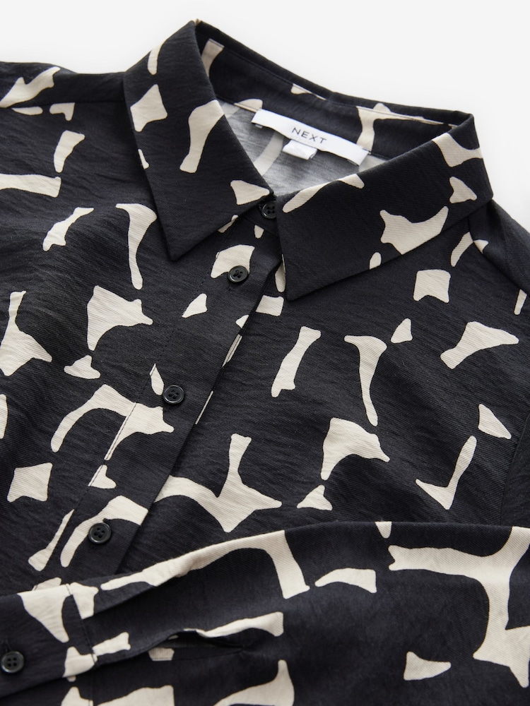 Black/White Geo Print Long Sleeves Midi Shirt Dress - Image 7 of 8