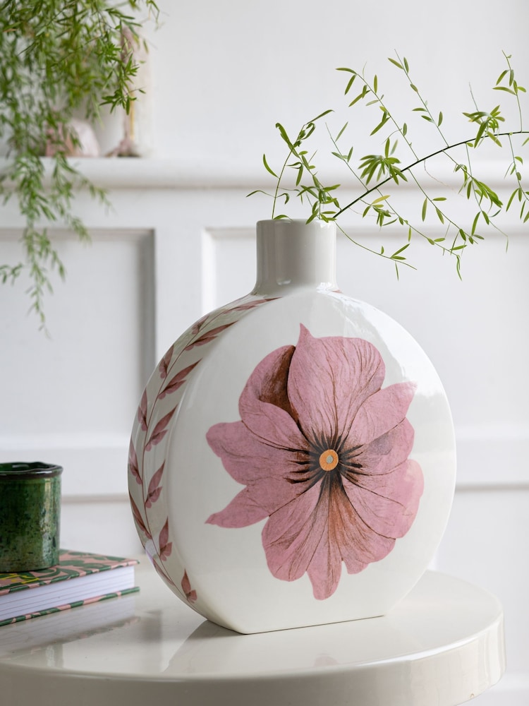 Rockett St George White/Pink Oriental Floral Round Medium Floral Vase - Image 1 of 6