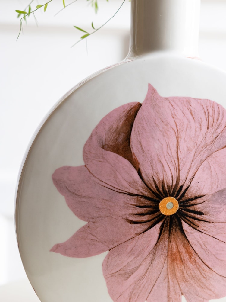 Rockett St George White/Pink Oriental Floral Round Medium Floral Vase - Image 2 of 6