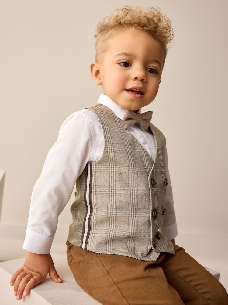 Neutral Check Waistcoat Set With Shirt And Bow Tie (3mths-7yrs) - Image 4 of 9