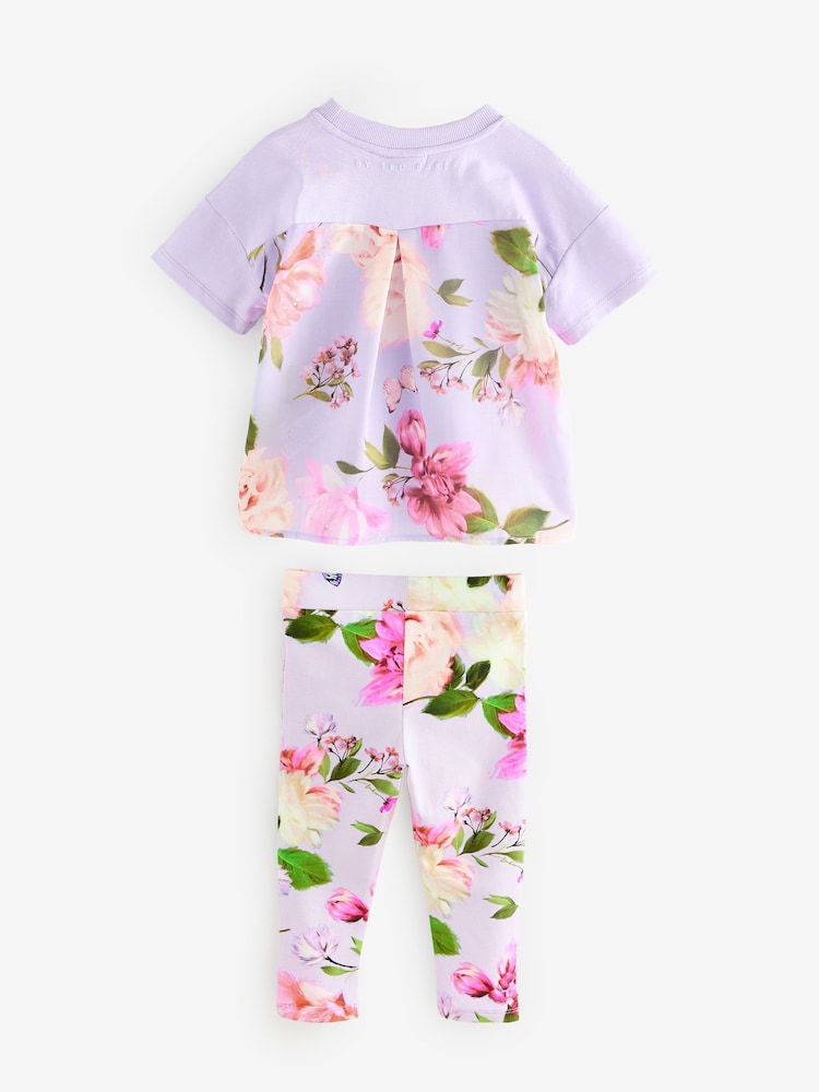 Baker by Ted Baker 2 Piece Purple T-Shirt and Floral Print Leggings Set - Image 2 of 4