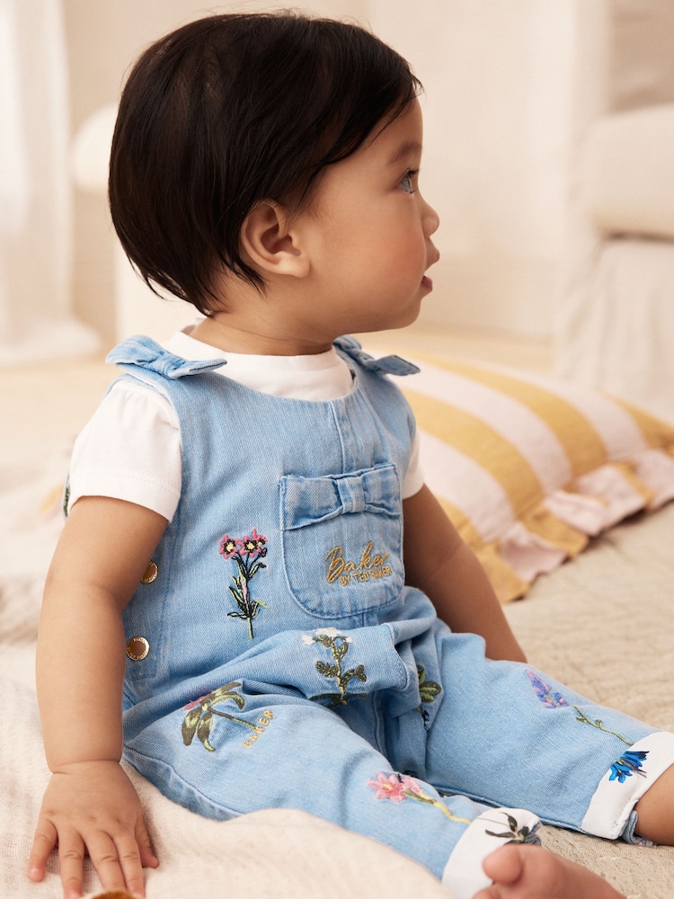 Baker by Ted Baker 2 Piece Blue Denim Embroidered Dungaree and T-Shirt Set - Image 2 of 15