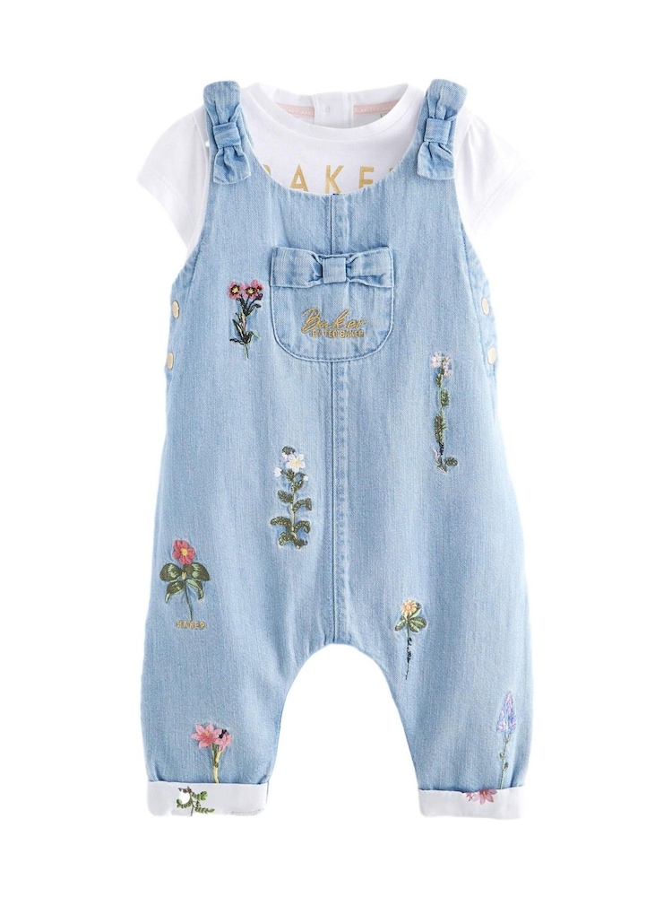 Baker by Ted Baker 2 Piece Blue Denim Embroidered Dungaree and T-Shirt Set - Image 8 of 15
