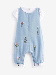Baker by Ted Baker 2 Piece Blue Denim Embroidered Dungaree and T-Shirt Set - Image 9 of 15