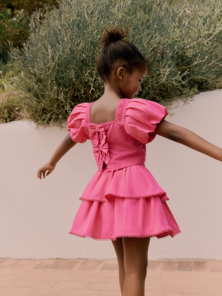 Baker by Ted Baker Pink Woven Puff Sleeve Top and Tier Skirt Set 2 Piece - Image 3 of 16