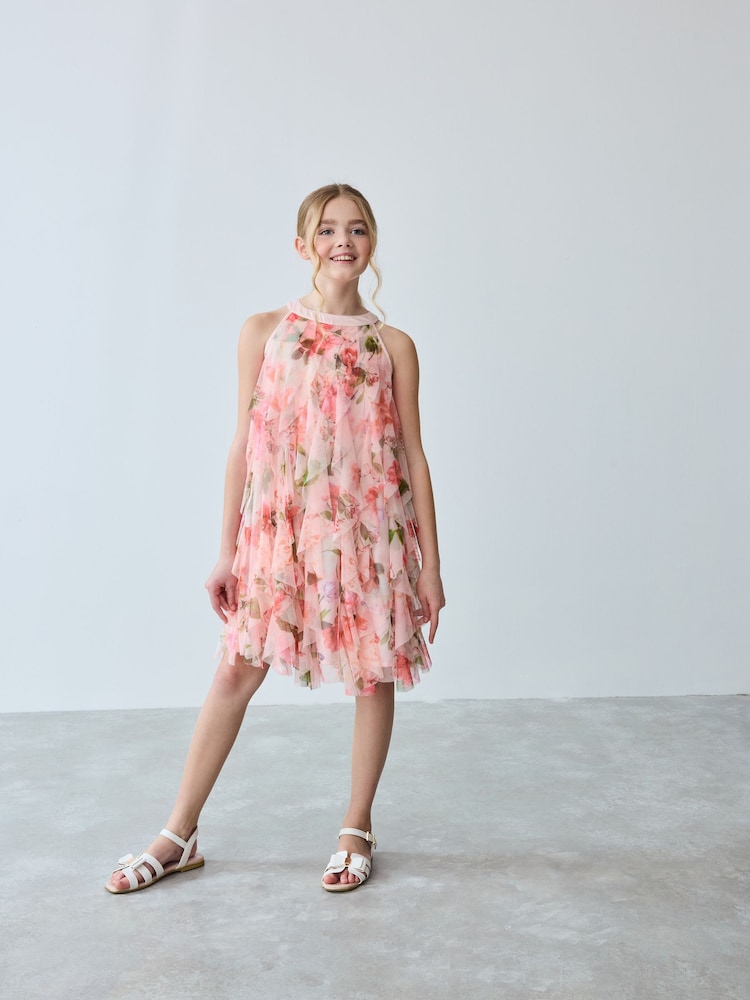 Baker by Ted Baker Pink Mesh Waterfall Dress - Image 3 of 9