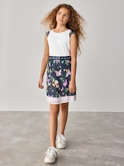 Baker by Ted Baker Navy/White Floral Print Double Strap Chiffon Pleat Mockable Dress - Image 1 of 9