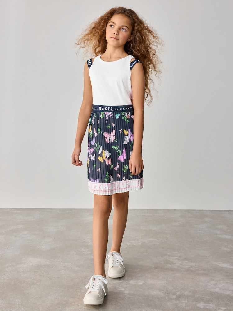 Baker by Ted Baker Navy/White Floral Print Double Strap Chiffon Pleat Mockable Dress - Image 1 of 9
