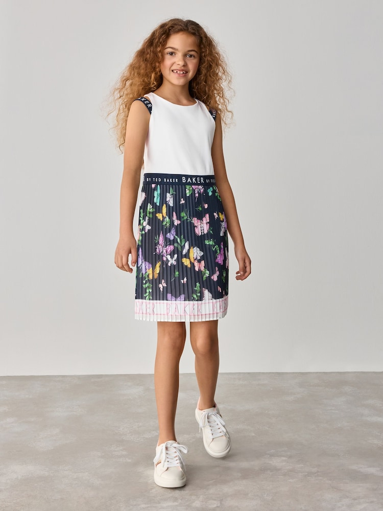 Baker by Ted Baker Navy/White Floral Print Double Strap Chiffon Pleat Mockable Dress - Image 2 of 9