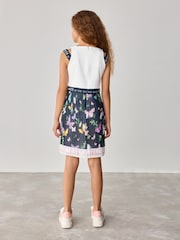 Baker by Ted Baker Navy/White Floral Print Double Strap Chiffon Pleat Mockable Dress - Image 3 of 9