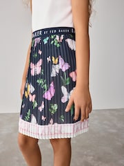Baker by Ted Baker Navy/White Floral Print Double Strap Chiffon Pleat Mockable Dress - Image 5 of 9