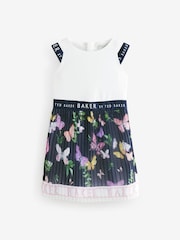 Baker by Ted Baker Navy/White Floral Print Double Strap Chiffon Pleat Mockable Dress - Image 6 of 9