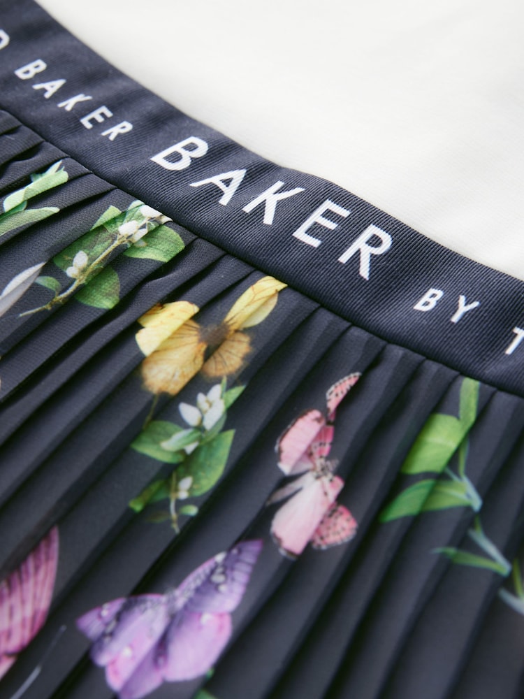 Baker by Ted Baker Navy/White Floral Print Double Strap Chiffon Pleat Mockable Dress - Image 9 of 9