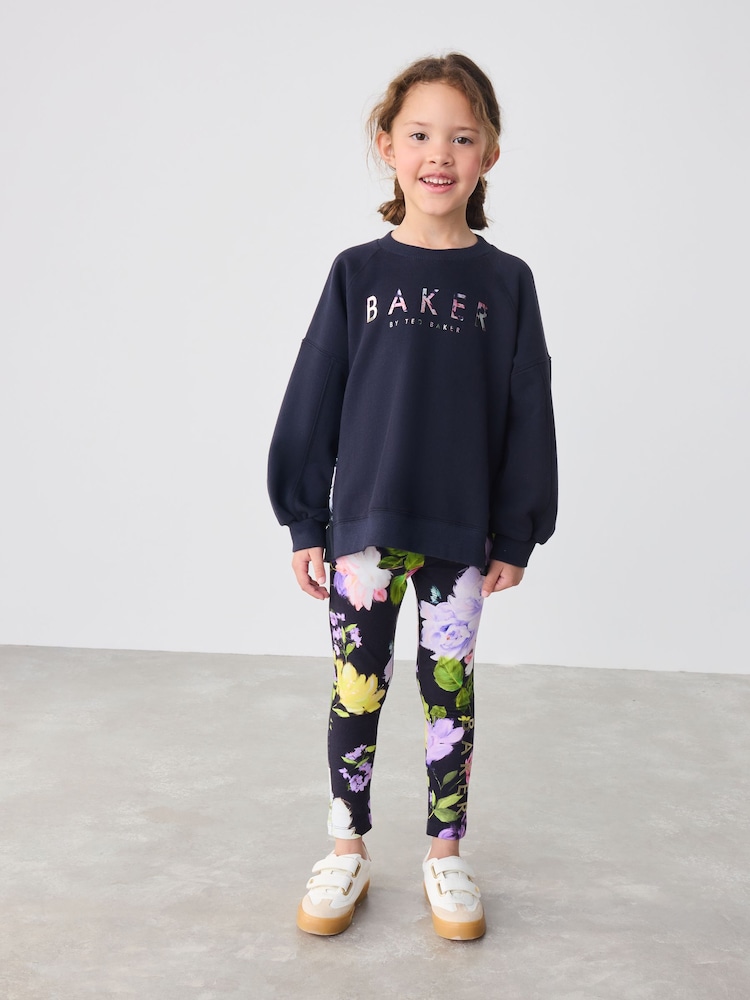 Baker by Ted Baker Navy Back Pleat Sweat Top & Floral Legging Set 2 Piece - Image 1 of 10