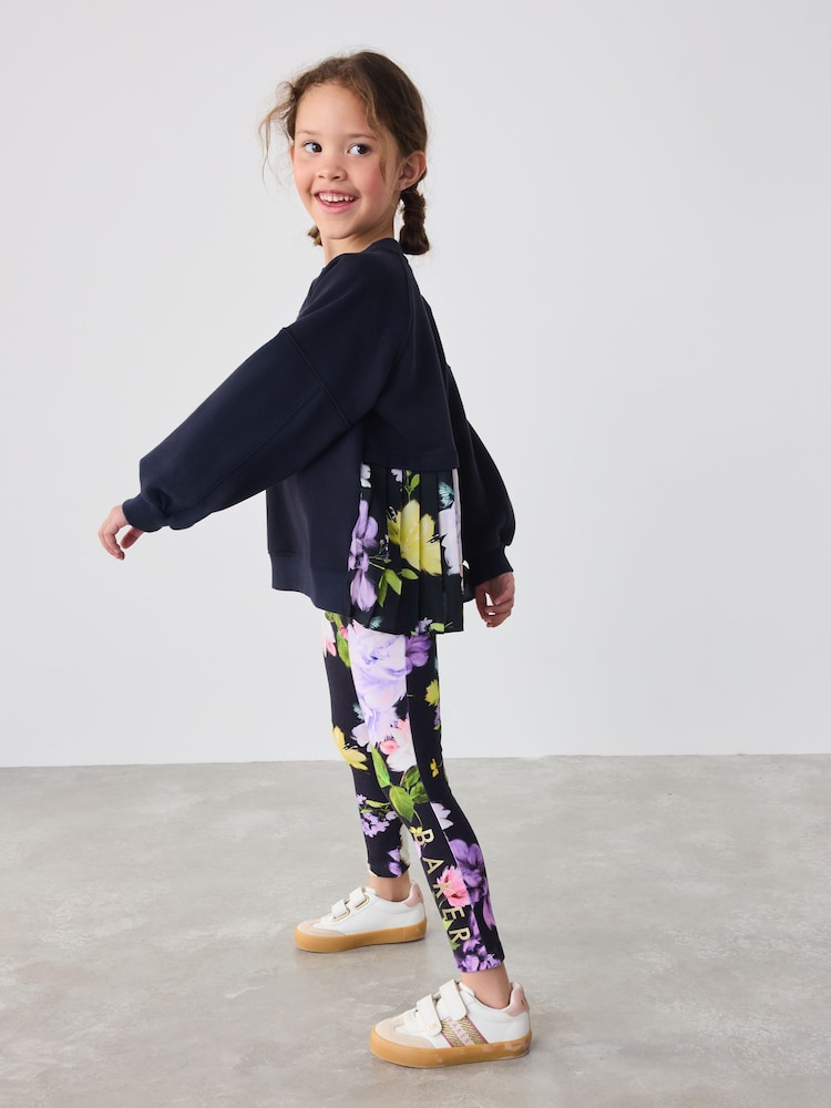 Baker by Ted Baker Navy Back Pleat Sweat Top & Floral Legging Set 2 Piece - Image 2 of 10