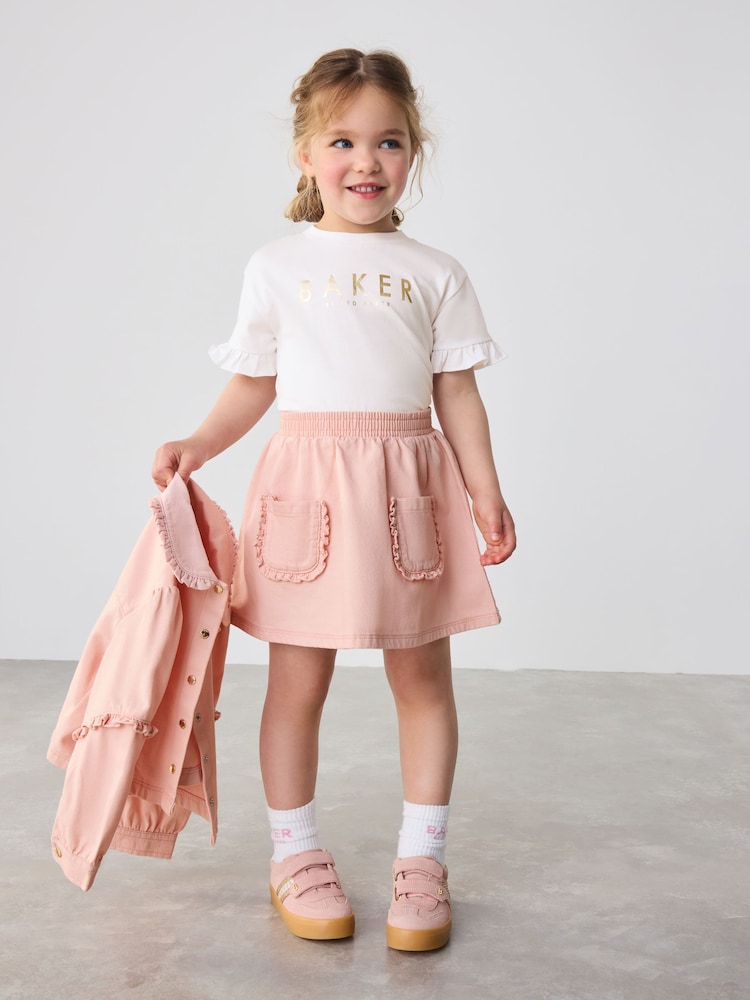 Baker by Ted Baker Pink Woven Frill 100% Cotton Jacket, T-Shirt and Cargo Skirt Set 3 Piece - Image 3 of 11