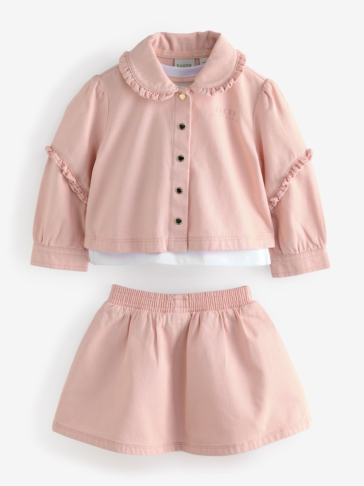 Baker by Ted Baker Pink Woven Frill 100% Cotton Jacket, T-Shirt and Cargo Skirt Set 3 Piece - Image 6 of 11