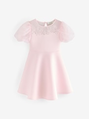 Baker by Ted Baker Pink Floral Organza Panel Puff Sleeve Scuba Dress - Image 1 of 10