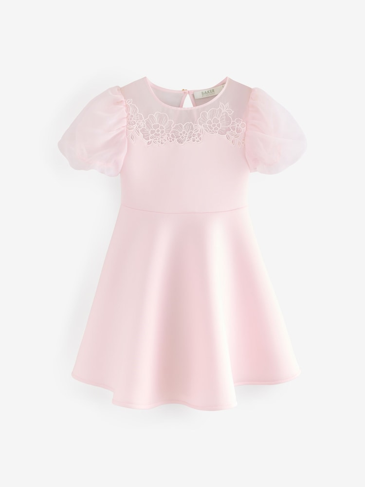Baker by Ted Baker Pink Floral Organza Panel Puff Sleeve Scuba Dress - Image 1 of 10