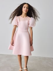 Baker by Ted Baker Pink Floral Organza Panel Puff Sleeve Scuba Dress - Image 2 of 10