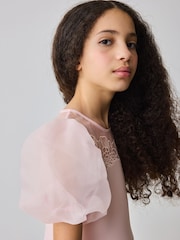 Baker by Ted Baker Pink Floral Organza Panel Puff Sleeve Scuba Dress - Image 5 of 10