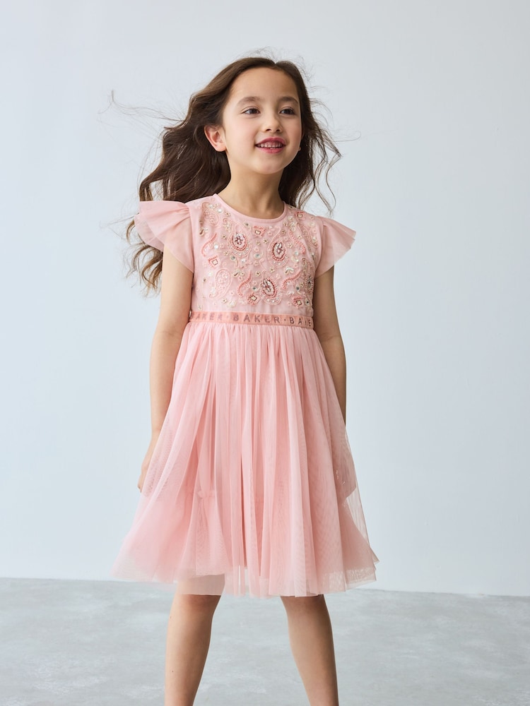 Baker by Ted Baker Pink Embellished Detail Mesh Dress - Image 1 of 9