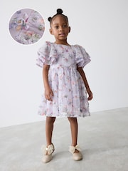 Baker by Ted Baker Purple Textured Floral Print Mesh Dress - Image 1 of 11