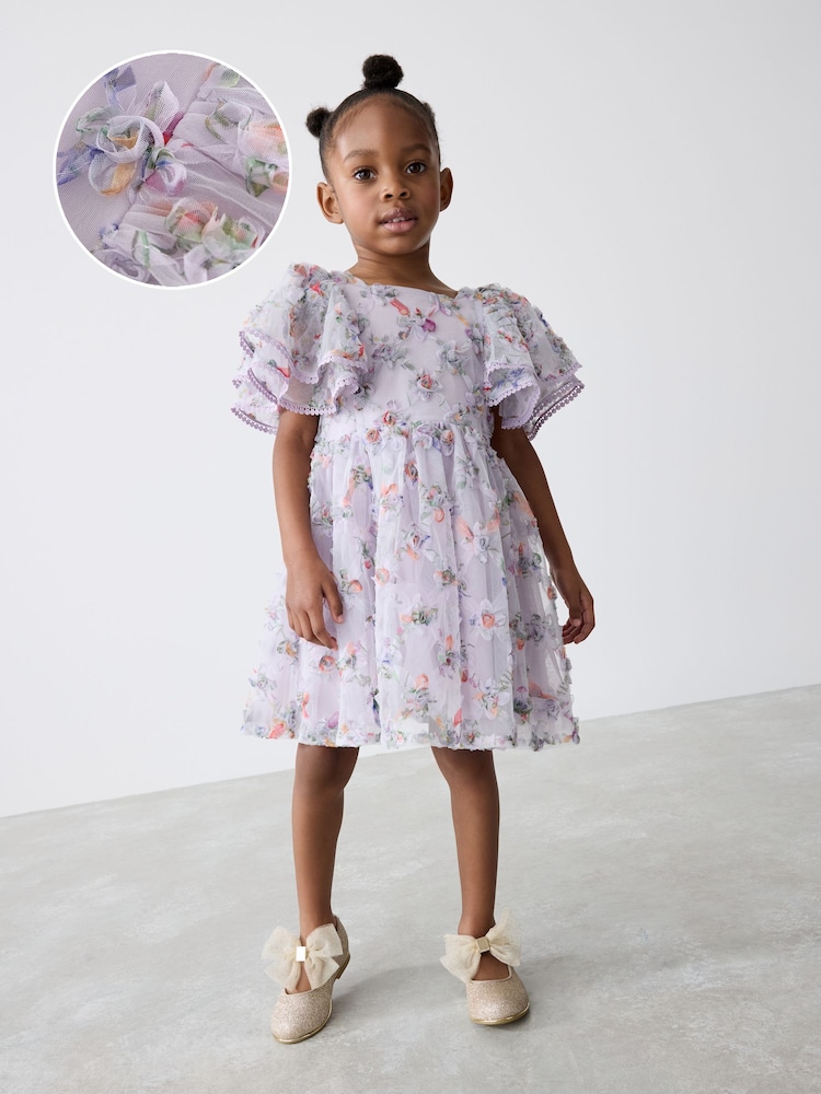 Baker by Ted Baker Purple Textured Floral Print Mesh Dress - Image 1 of 11