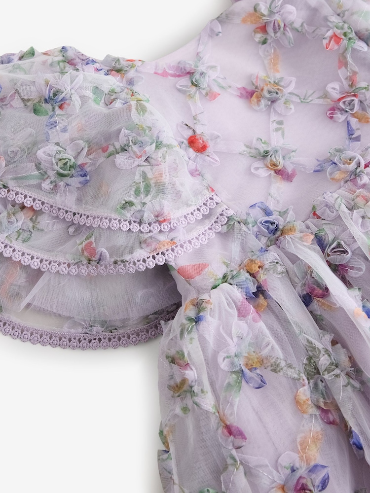 Baker by Ted Baker Purple Textured Floral Print Mesh Dress - Image 11 of 11
