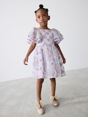 Baker by Ted Baker Purple Textured Floral Print Mesh Dress - Image 2 of 11