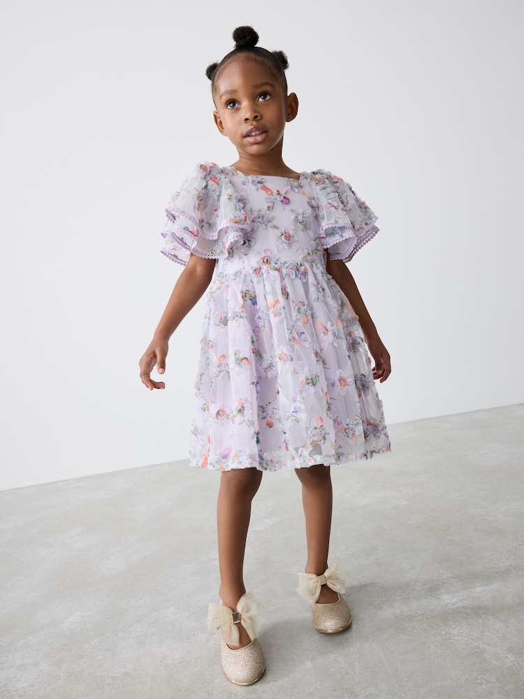 Baker by Ted Baker Purple Textured Floral Print Mesh Dress - Image 2 of 11