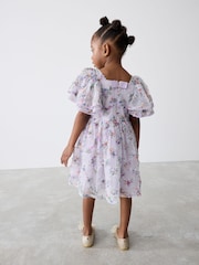 Baker by Ted Baker Purple Textured Floral Print Mesh Dress - Image 3 of 11