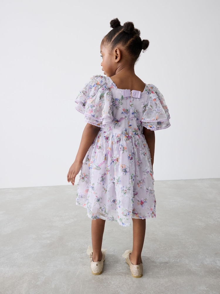 Baker by Ted Baker Purple Textured Floral Print Mesh Dress - Image 3 of 11
